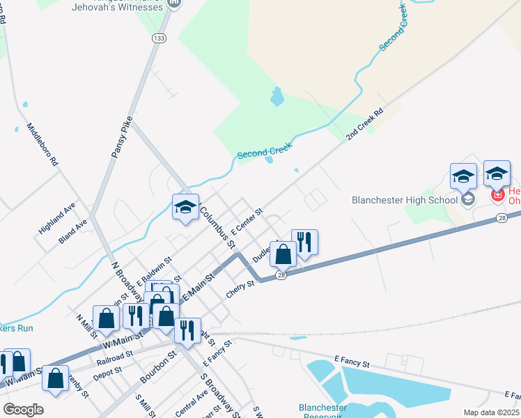 map of restaurants, bars, coffee shops, grocery stores, and more near 704 East Center Street in Blanchester
