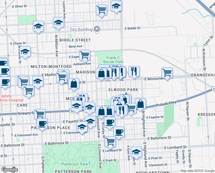 map of restaurants, bars, coffee shops, grocery stores, and more near 609 North Potomac Street in Baltimore