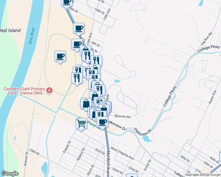 map of restaurants, bars, coffee shops, grocery stores, and more near 58 Willowbrook Drive in Parkersburg