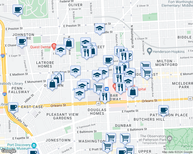 map of restaurants, bars, coffee shops, grocery stores, and more near 1602 East Monument Street in Baltimore