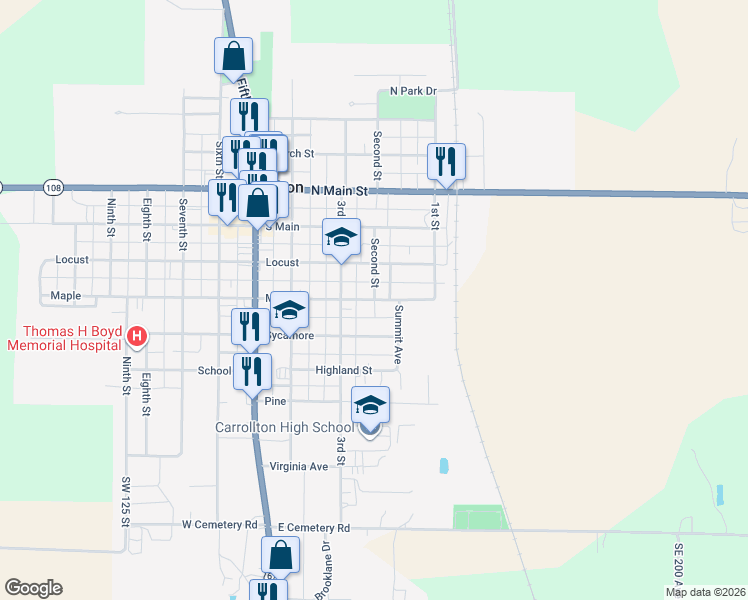 map of restaurants, bars, coffee shops, grocery stores, and more near 173 Maple in Carrollton