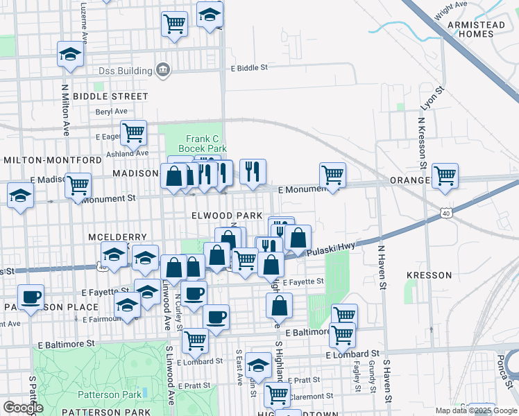 map of restaurants, bars, coffee shops, grocery stores, and more near 601 North Clinton Street in Baltimore