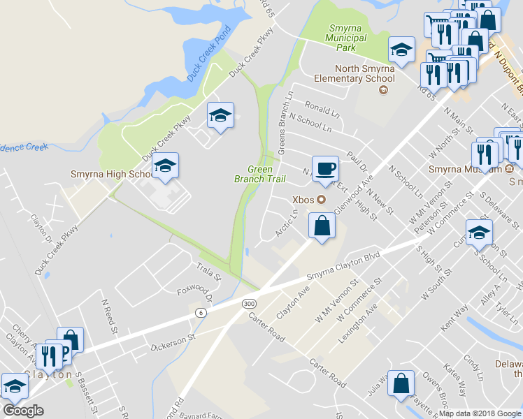 map of restaurants, bars, coffee shops, grocery stores, and more near 518 Greens Branch Lane in Smyrna
