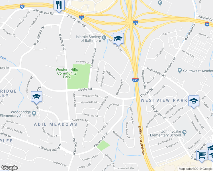 map of restaurants, bars, coffee shops, grocery stores, and more near 6540 Redgate Circle in Catonsville