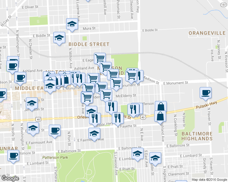 map of restaurants, bars, coffee shops, grocery stores, and more near 613 North Linwood Avenue in Baltimore