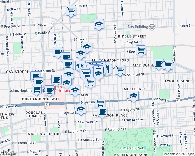 map of restaurants, bars, coffee shops, grocery stores, and more near 2237 East Monument Street in Baltimore