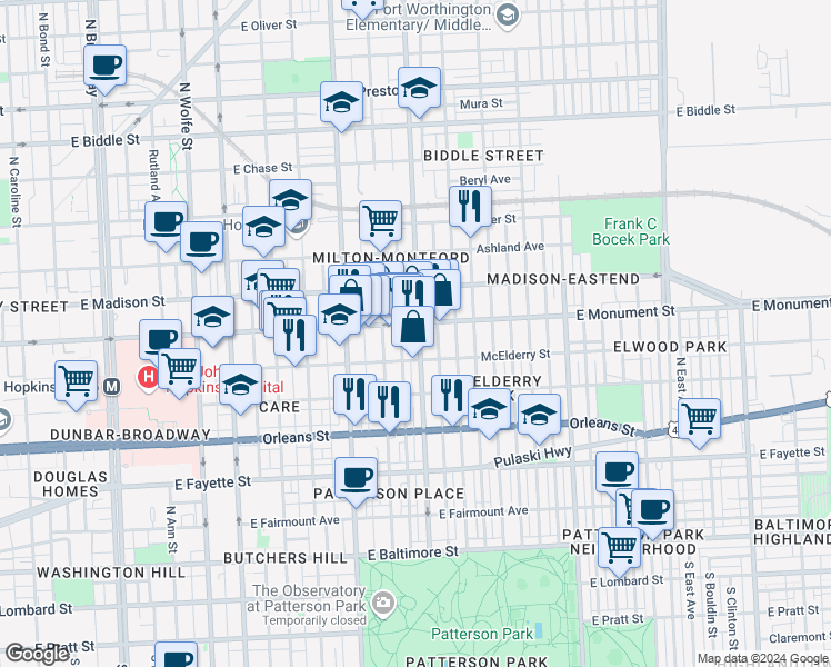 map of restaurants, bars, coffee shops, grocery stores, and more near 2443 East Monument Street in Baltimore
