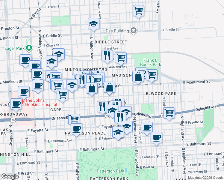 map of restaurants, bars, coffee shops, grocery stores, and more near 620 North Lakewood Avenue in Baltimore