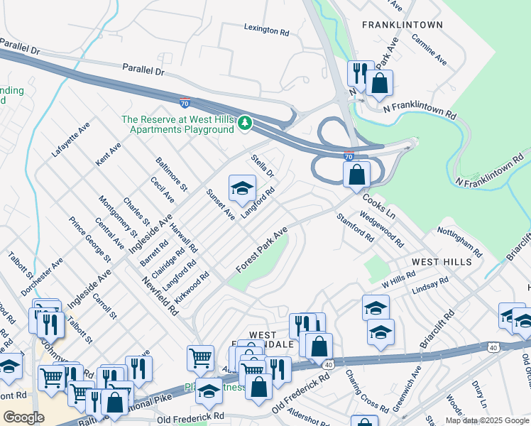 map of restaurants, bars, coffee shops, grocery stores, and more near 1634 Kirkwood Road in Woodlawn