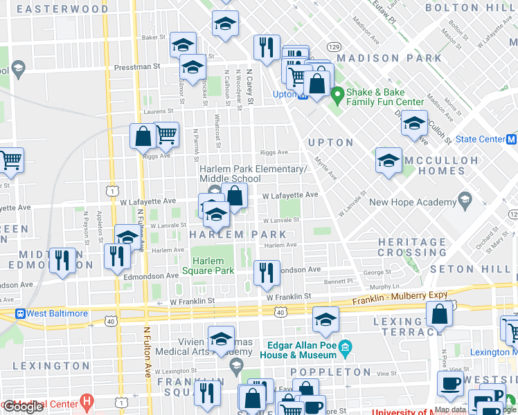 map of restaurants, bars, coffee shops, grocery stores, and more near 817 North Carey Street in Baltimore