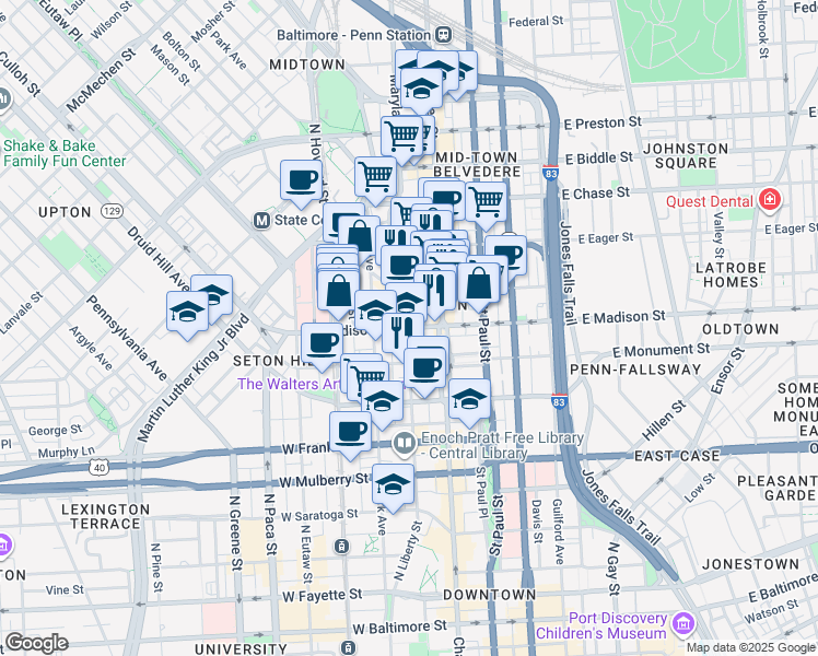 map of restaurants, bars, coffee shops, grocery stores, and more near W Madison St & Cathedral St in Baltimore
