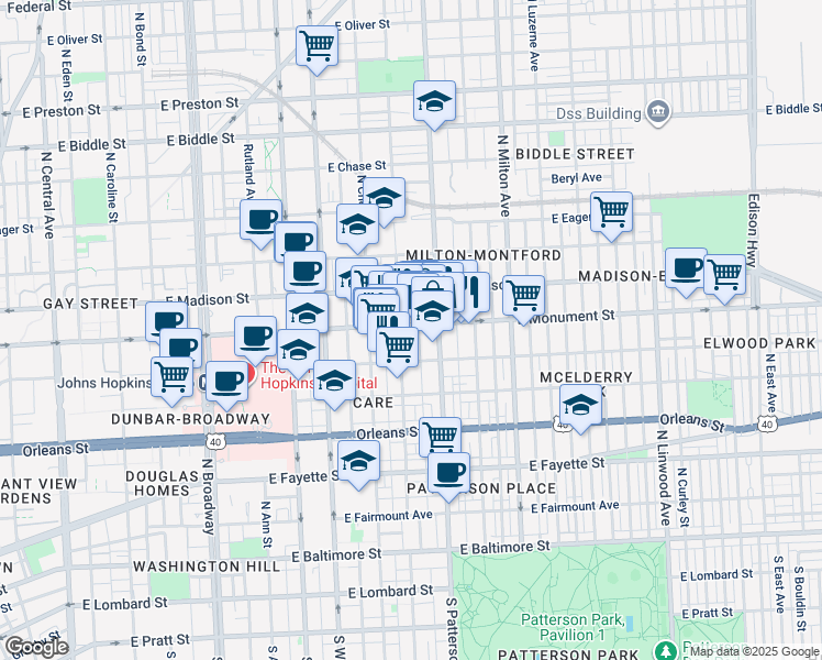map of restaurants, bars, coffee shops, grocery stores, and more near 2237 East Monument Street in Baltimore