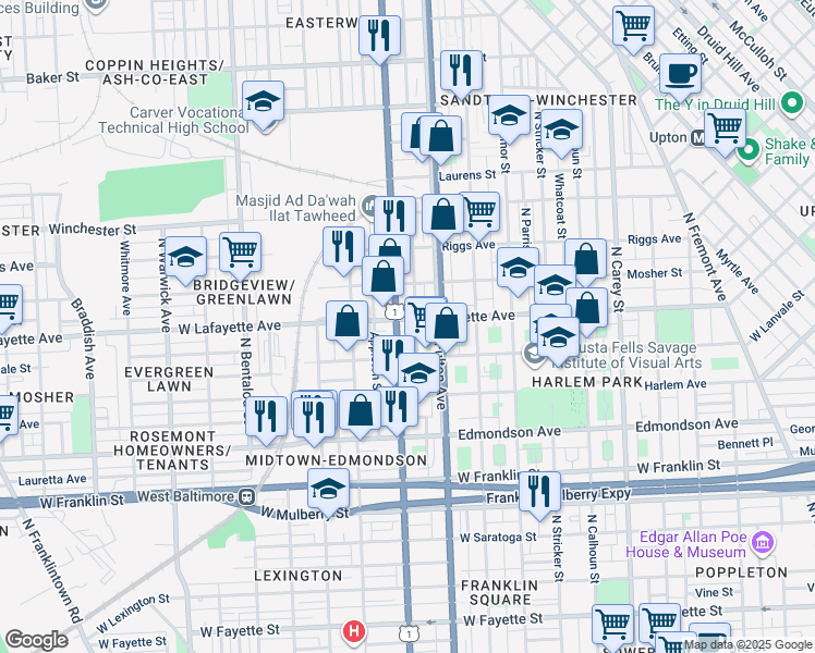 map of restaurants, bars, coffee shops, grocery stores, and more near 1819 West Lafayette Avenue in Baltimore
