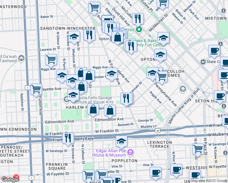 map of restaurants, bars, coffee shops, grocery stores, and more near 827 North Arlington Avenue in Baltimore