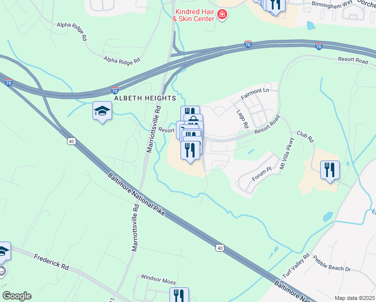 map of restaurants, bars, coffee shops, grocery stores, and more near 11075 Resort Road in Ellicott City