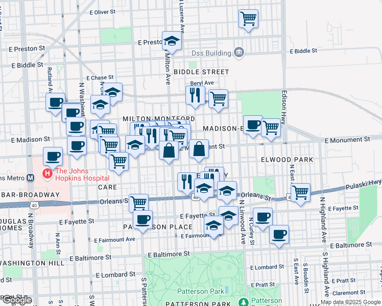 map of restaurants, bars, coffee shops, grocery stores, and more near 623 North Luzerne Avenue in Baltimore
