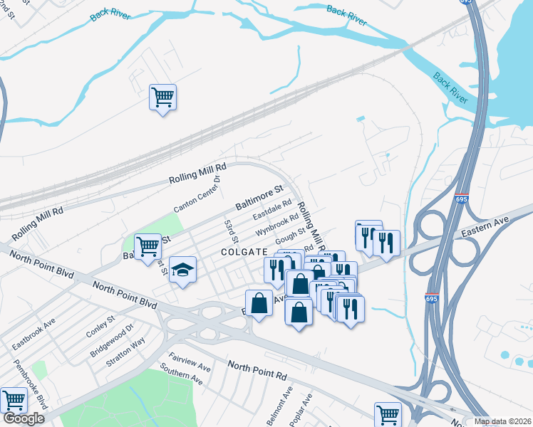 map of restaurants, bars, coffee shops, grocery stores, and more near 8001 Eastdale Rd in Baltimore