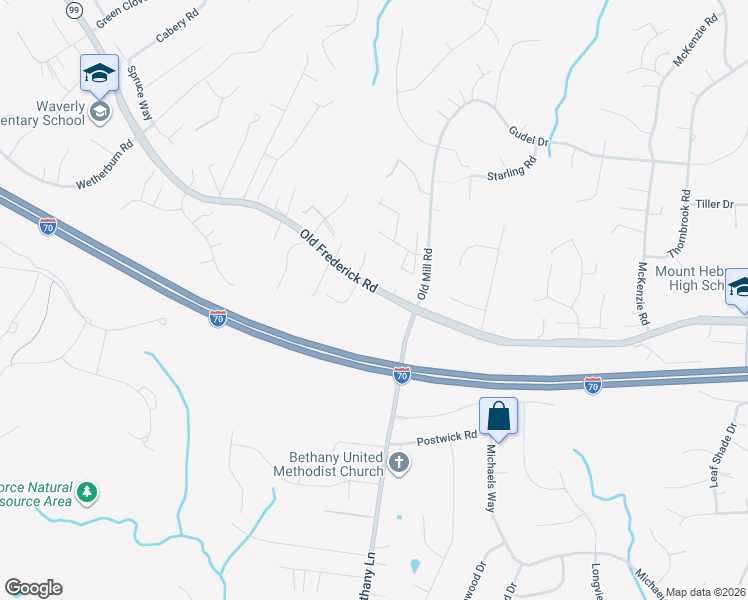 map of restaurants, bars, coffee shops, grocery stores, and more near 9945 Old Frederick Road in Ellicott City