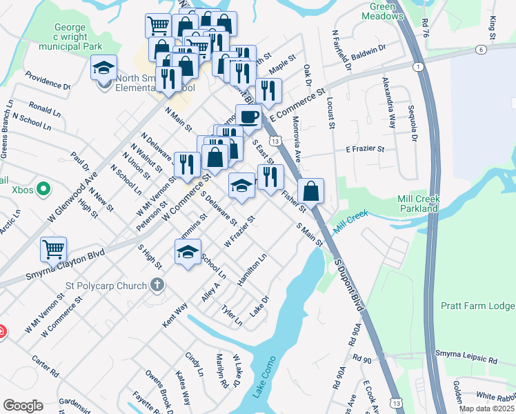map of restaurants, bars, coffee shops, grocery stores, and more near 16 West Frazier Street in Smyrna