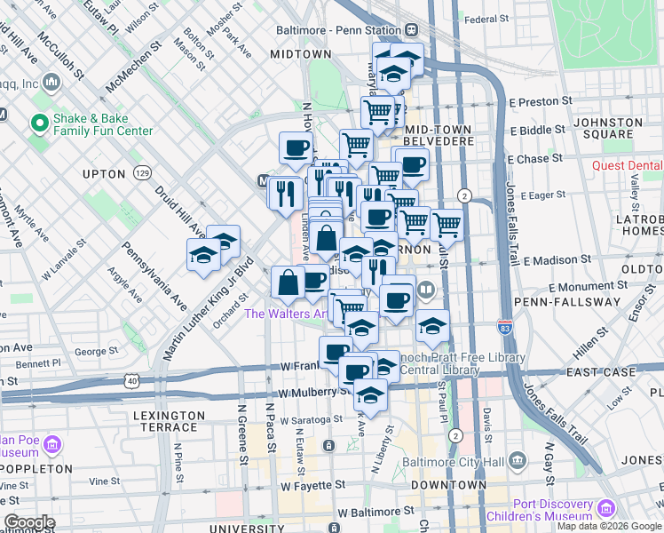 map of restaurants, bars, coffee shops, grocery stores, and more near 222 West Madison Street in Baltimore
