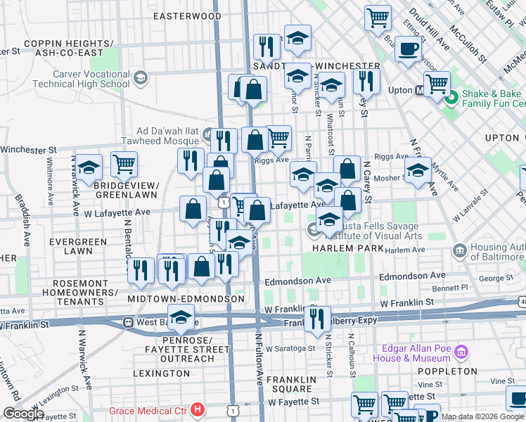 map of restaurants, bars, coffee shops, grocery stores, and more near 1723 West Lafayette Avenue in Baltimore