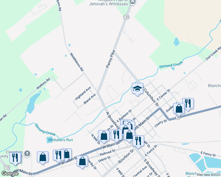 map of restaurants, bars, coffee shops, grocery stores, and more near 92 North Orchard Circle in Blanchester