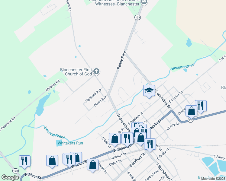 map of restaurants, bars, coffee shops, grocery stores, and more near 604 South Broadway Street in Blanchester