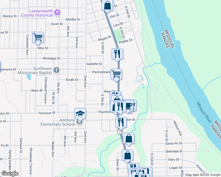map of restaurants, bars, coffee shops, grocery stores, and more near 1824 South 4th Street in Leavenworth