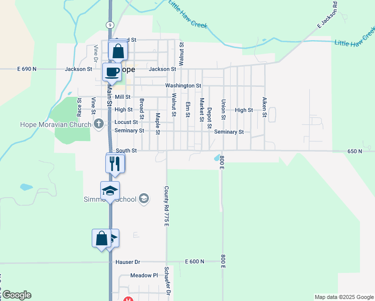 map of restaurants, bars, coffee shops, grocery stores, and more near South Street in Hope