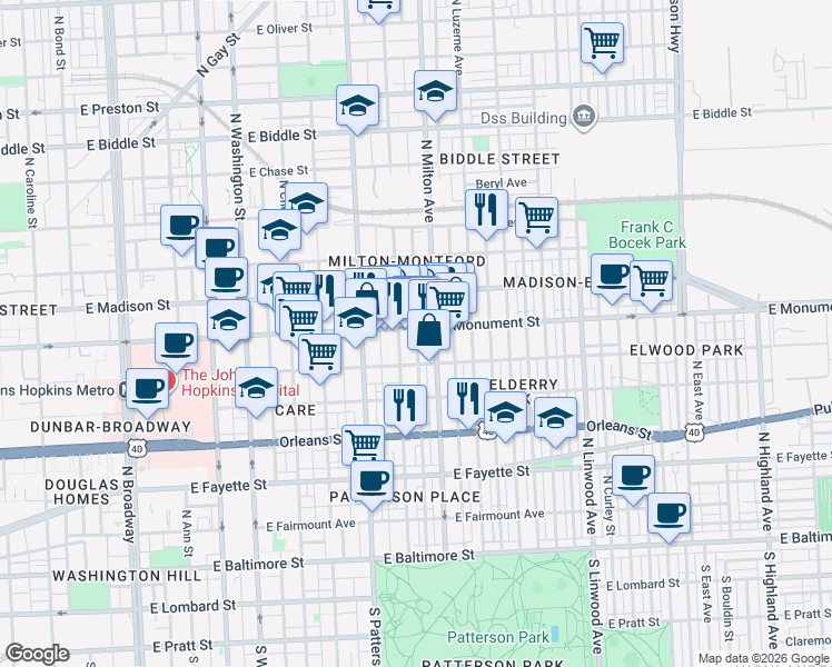 map of restaurants, bars, coffee shops, grocery stores, and more near 2421 East Monument Street in Baltimore