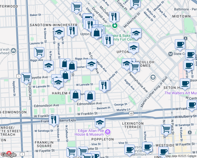 map of restaurants, bars, coffee shops, grocery stores, and more near 816 North Fremont Avenue in Baltimore