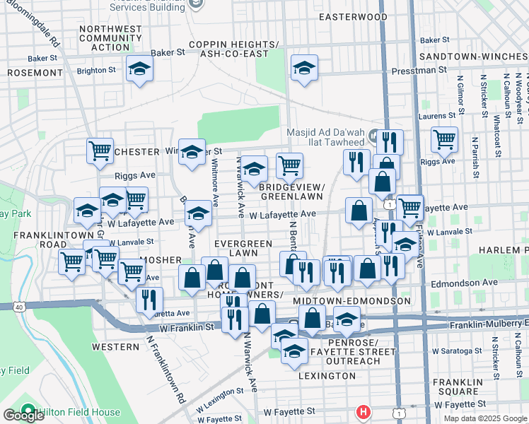 map of restaurants, bars, coffee shops, grocery stores, and more near 2400 West Lafayette Avenue in Baltimore