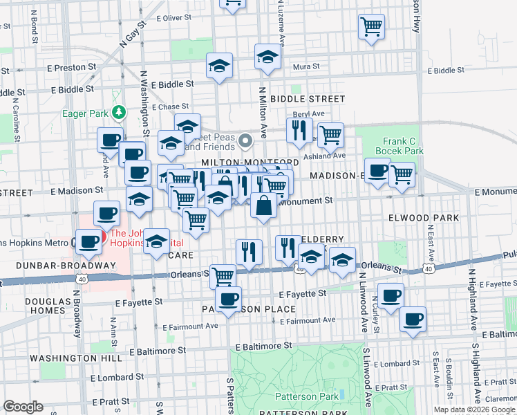 map of restaurants, bars, coffee shops, grocery stores, and more near 2427 East Monument Street in Baltimore