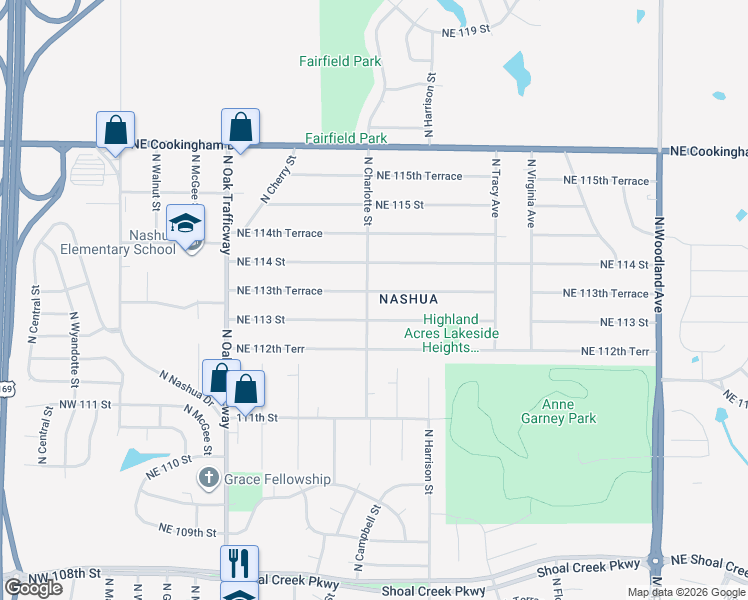 map of restaurants, bars, coffee shops, grocery stores, and more near 801 Northeast 113th Terrace in Kansas City