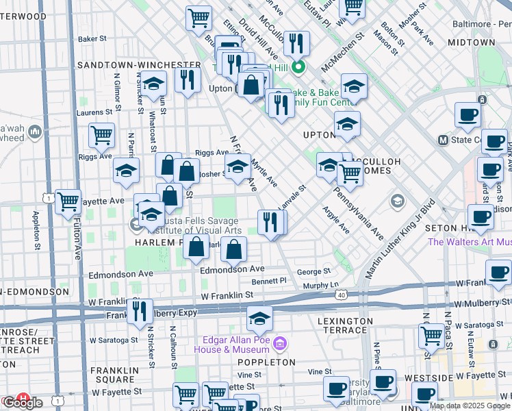 map of restaurants, bars, coffee shops, grocery stores, and more near 816 North Fremont Avenue in Baltimore