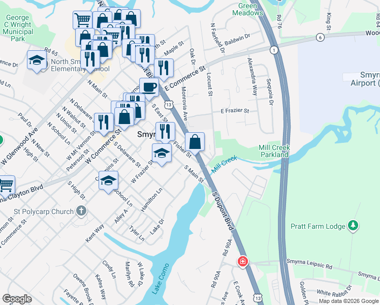 map of restaurants, bars, coffee shops, grocery stores, and more near 223 South Dupont Boulevard in Smyrna