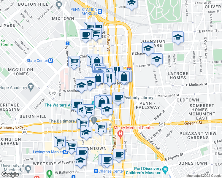 map of restaurants, bars, coffee shops, grocery stores, and more near St Paul St & E Madison St in Baltimore