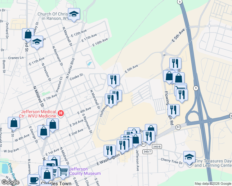 map of restaurants, bars, coffee shops, grocery stores, and more near 507 Finish Line Avenue in Ranson