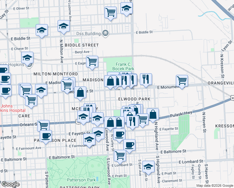 map of restaurants, bars, coffee shops, grocery stores, and more near 617 North Potomac Street in Baltimore