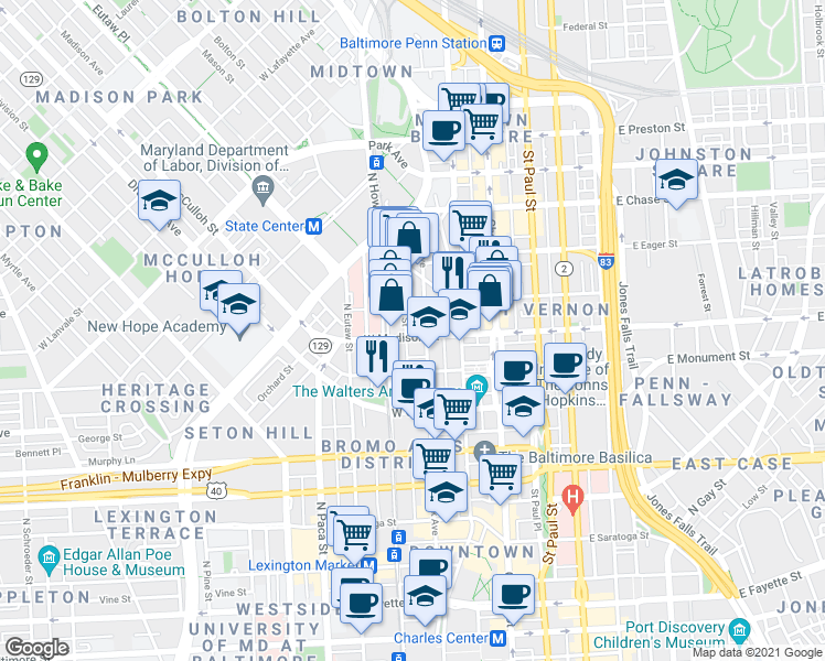 map of restaurants, bars, coffee shops, grocery stores, and more near 210 West Madison Street in Baltimore