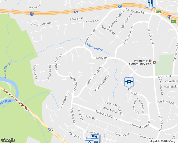 map of restaurants, bars, coffee shops, grocery stores, and more near 6801A Upper Mills Circle in Baltimore
