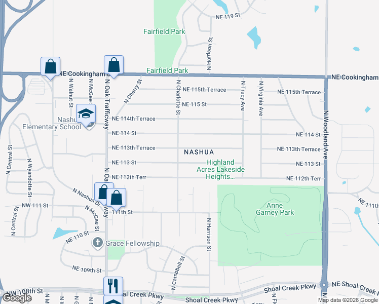 map of restaurants, bars, coffee shops, grocery stores, and more near 801 Northeast 113th Terrace in Kansas City