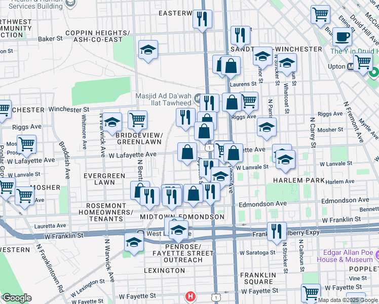 map of restaurants, bars, coffee shops, grocery stores, and more near W Lafayette Ave & N Payson St in Baltimore