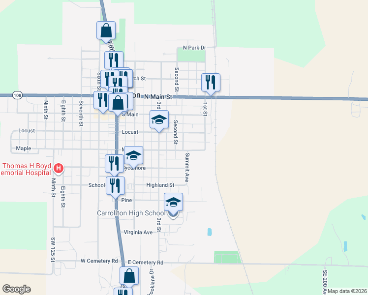 map of restaurants, bars, coffee shops, grocery stores, and more near 173-199 Maple Street in Carrollton