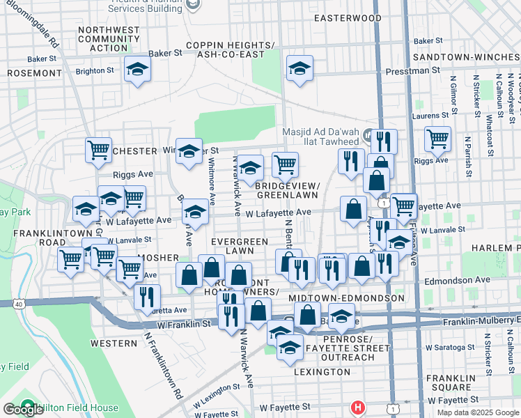 map of restaurants, bars, coffee shops, grocery stores, and more near 2400 West Lafayette Avenue in Baltimore