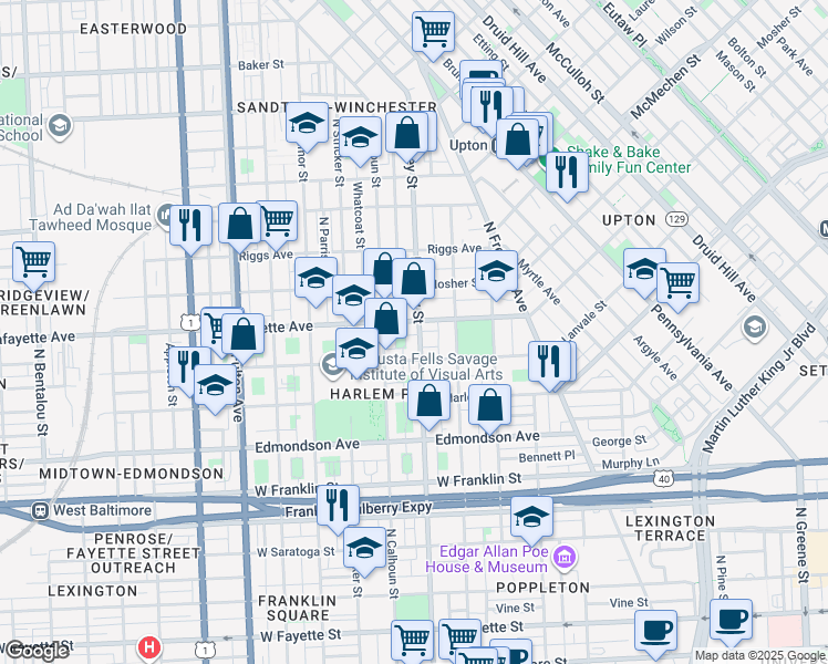 map of restaurants, bars, coffee shops, grocery stores, and more near 834 North Carey Street in Baltimore