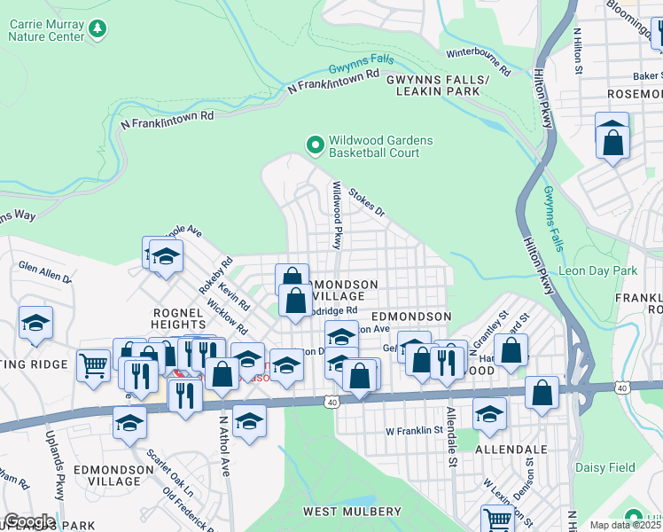 map of restaurants, bars, coffee shops, grocery stores, and more near 1004 Wildwood Parkway in Baltimore