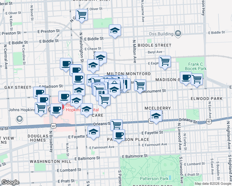 map of restaurants, bars, coffee shops, grocery stores, and more near E Monument St & N Patterson Park Ave in Baltimore