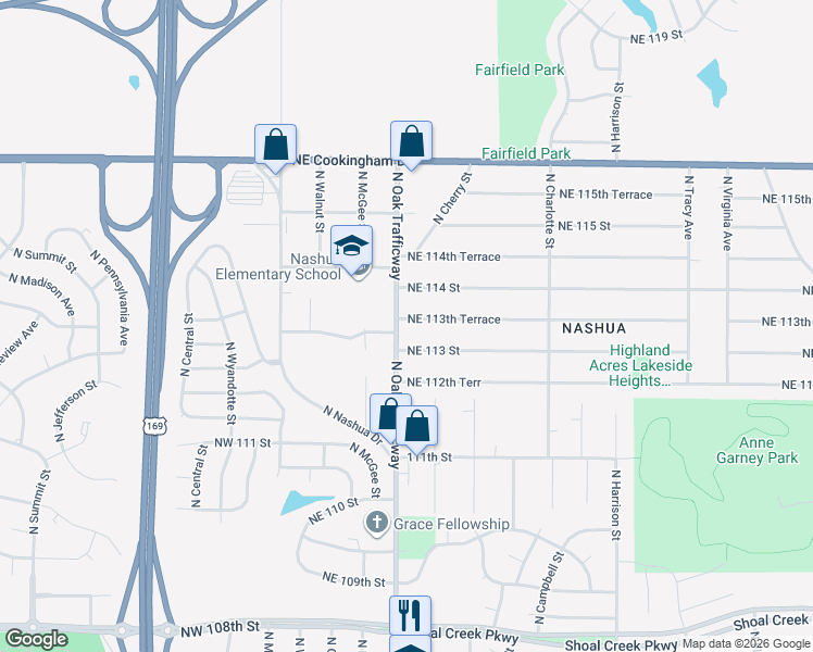 map of restaurants, bars, coffee shops, grocery stores, and more near 401 Northeast 113th Terrace in Kansas City