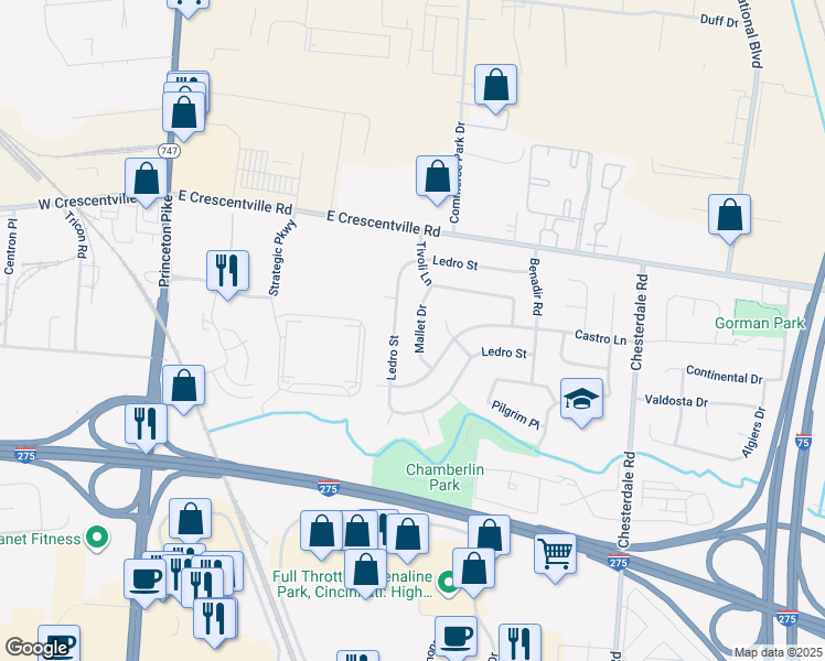 map of restaurants, bars, coffee shops, grocery stores, and more near 12035 Mallet Drive in Cincinnati